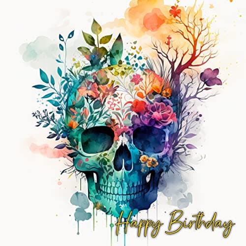 Image of Gothic Skull Fantasy Watercolour Art Birthday Greeting Card Design 408 - Happy Gift For Her Him Friend Mum Dad Sister Brother Premium Quality Blank Inside Envelope Included Uk