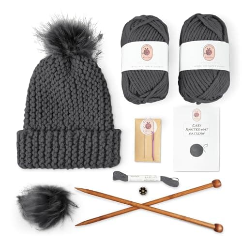Image of Knitting Kits For Beginners Adults – Practical & Easy to Use Hat Knitting Kit With Yarn, Bamboo Knitting Needles, Faux Pom Pom – Complete Beginners Knitting Kit – Lovely Present For Women and Men