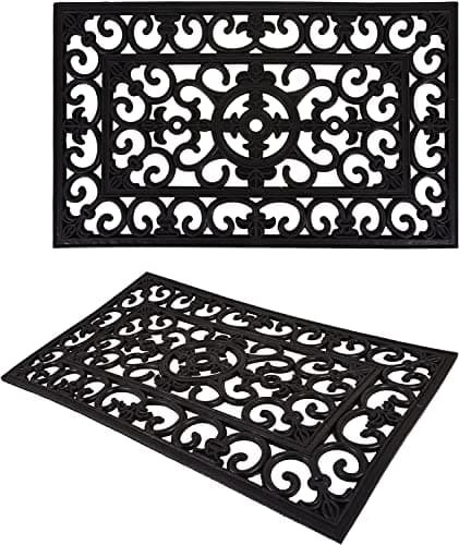 Image of AuraHome Heavy Duty Rubber Door Mat | Wrought Iron Effect | Decorative Scroll Doormat Patio Front Door | Non-Slip Indoor Outdoor Use Black Mats Waterproof Entrance Mat Classic Mat (45 x 75cm)