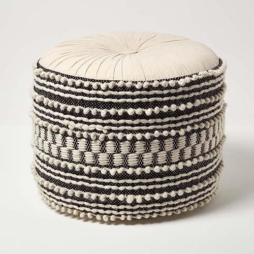 Image of HOMESCAPES White & Black Macrame Pouffe with Bohemian Style Cover “Priya” 40 cm Tall Cotton & Wool Crochet Tufted Decorative Footstool