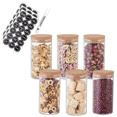 Image of ORNAMI Small Glass Food Jar with Cork Lid and Airtight Sealing, Little Clear Canister Jar for Kitchen Storage, for Grains, Seeds, Salt, Pepper, Spices - Set of 6 (300ml)