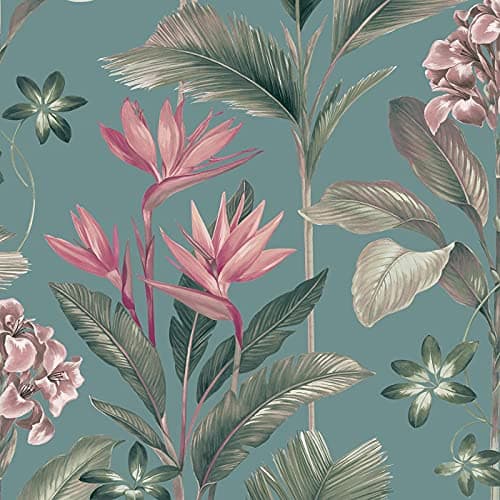 Image of Oliana Teal Wallpaper Green Blue Pink Floral Tropical