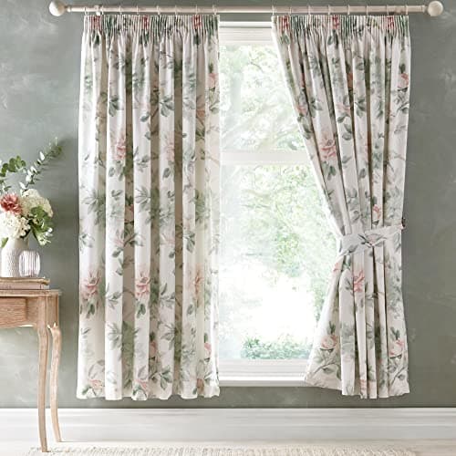 Image of Appletree Heritage - Campion - 100% Cotton Pair of Pencil Pleat Curtains With Tie-Backs - 66" Width x 72" Drop (168 x 183cm) in Green/Coral