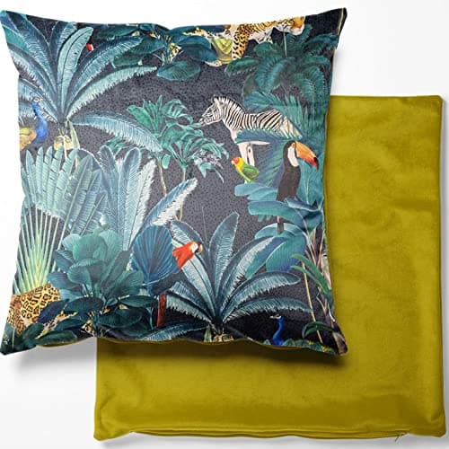 Image of Discount Fabrics LTD Velvet Cushion Covers Fabric Curtain Plush Tropical Botanical Paradise Rainforest (18 Inch Cushion Cover, Royal Palm Midnight)