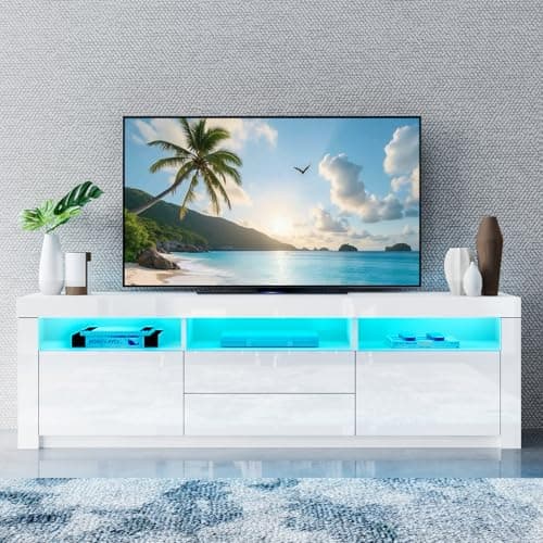 Image of Senvoziii TV Cabinet, White Gloss TV Stand Unit with Led Lights, Modern TV Stand Storage with 2 Drawers 2 Doors, TV Entertainment Unit for Living Room Furniture Decor, 160x35x60cm