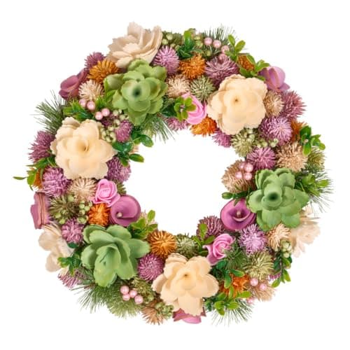 Image of Spring Wreath Natural Wooden Garland Ornament Floral Evergreen Spring Wreaths for Front Door Summer Decoration Garden Ornaments Outdoor 34cm (Multicolour Thistle)