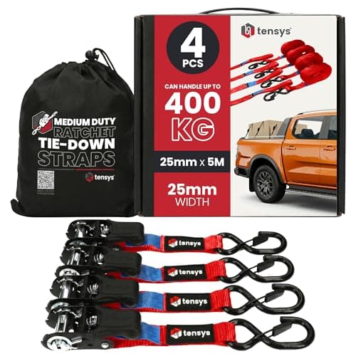 Image of TENSYS Ratchet Tie Down Straps - 800kg Max Break Force Heavy Duty Ratchet Straps with Padded Handle, 0.38m Soft Loops, Coated "S" Hooks for Securing Cargo, Roof Racks, Luggage, 25mm x 5m, Red, 4 Pack