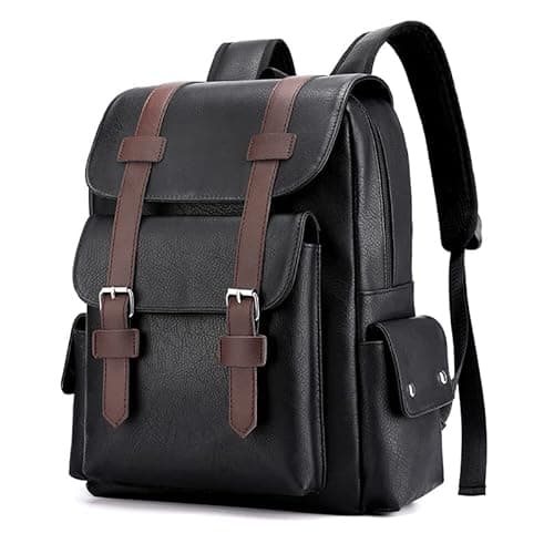 Image of FUNSEED Backpack for Men, Large Capacity 15.6in Laptop Bag Vintage PU Leather Shoulder Bag for Travel Work, Black, L, Fashion