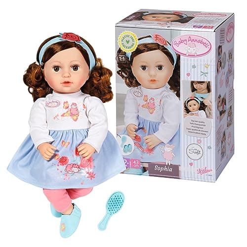Image of Baby Annabell Sophia, brunette 707234-43cm Doll with Super Soft Fabric Body with Dress, Leggings & Shoes for Toddlers - Includes Hairband & Brush - Hand Washable - Suitable from 2 Years, Multicolor
