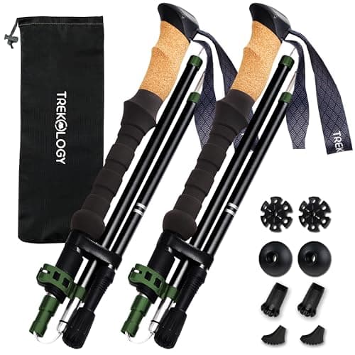 Image of TREKOLOGY Trekking Poles – Collapsible Hiking Poles with Cork Handle - Ultralight Folding Walking Poles for Women & Men, Lightweight Aluminum Hiking Sticks & Walking Sticks (Black with Green)