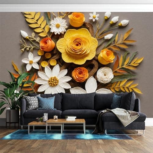 Image of Custom Wall Mural Wallpaper Floral Paper Art Yellow and White Flower Bouquet Vintage Botanical Design Removable SelfAdhesive Large Photo for Living Room，Bedroom，Office