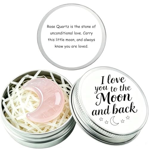 Image of i Love You to the Moon and Back Crystal Gift, Hand-Polished Pink Moon Stone in Tin, Anniversary Gifts for Her Him Girlfriend Boyfriend Wife Husband, Valentine's Birthday Little Gift for Women