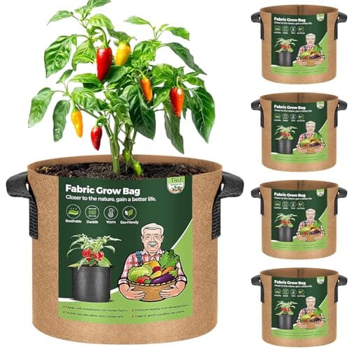 Image of T4U 5-Pack 7 Gallon Fabric Plant Grow Bags, Heavy Duty Smart Growing Bag with Handle, Thickened Breathable Nonwoven Growbag Planter Container for Potato Tomato Chili Strawberry Vegetable Seed Outdoor
