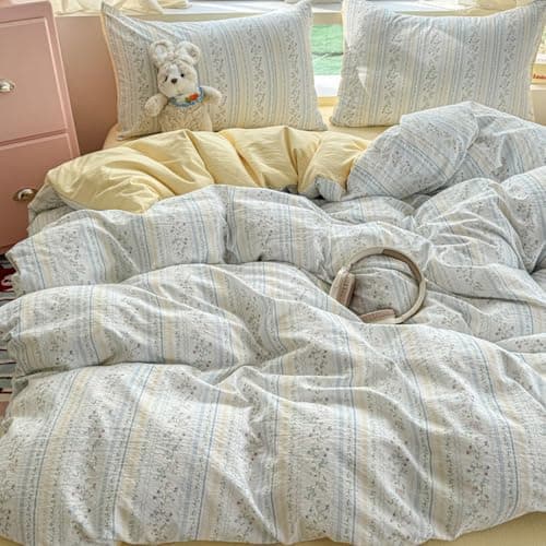 Image of Nyescasa Duvet Cover Sets Single Blue Yellow Striped Flowers Floral Reversible Washed Microfiber Bedding Set Botanical Aesthetic Quilt Cover 135x200 with Zipper Closure and 1 Pillowcase 50x75 cm
