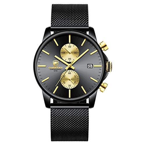 Image of GOLDEN HOUR Men’s Watch Fashion Sport Quartz Analog Mesh Stainless Steel Waterproof Chronograph Watches, Auto Date in Gold Hands, Color: Gold Black