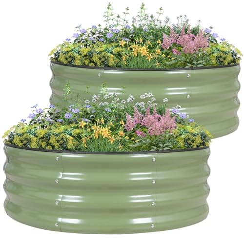 Image of BIRDSINYARD Round Raised Garden Bed 2Pcs 90x90x30cm Metal Raised Bed for Garden Bottomless Galvanised Planter Box Outdoor with Safety Edging for Vegetables, Herb,Flowers, Olive Green