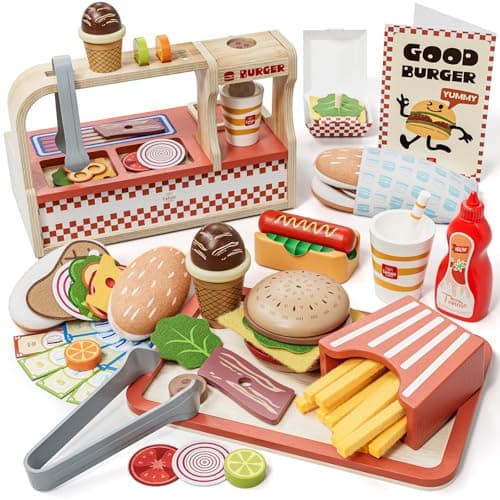 Image of Lehoo Castle Wooden Play Food Burger Set, Toy Food for 3 Year Old Girl Gifts, Wooden Food Toys, Toy Shop, Play Food Sets for Children Kitchen, Role Play Shops Toys for 3 Year Old