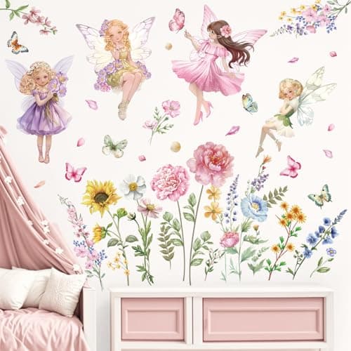 Image of Peelora Fairy Flower Wall Stickers Butterfly Girl with Wildflowers Wall Decals Girls Bedroom Baby Nursery Kids Room Reusable Self-Adhesive Wall Decor Stickers