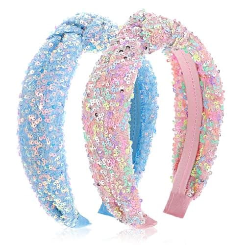 Image of 2Pcs Glitter Headbands for Girls Cute Sparkly Wide Thick Head Bands Bling Non Slip Hairband Rainbow Sequin Fashion Knotted Headbands for Women Colourful Iridescent Headware for Christmas Costume Decor