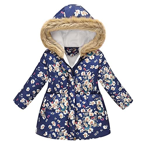 Image of Kids Girls Winter Coat Faux Fur Hooded Windproof Jacket Fleece Liend Padded Thick Warm Parka Outerwear Outdoor Overcoat Cotton Coats Jackets Navy Flower 10-11 Years