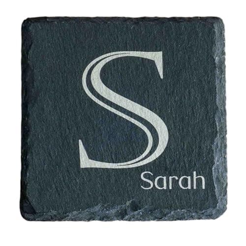 Image of Personalised Slate Coaster - Custom Engraved Monogram Initial & Name - Natural Stone Drink Mat with Non-Slip Feet - Unique Housewarming, Wedding, Birthday Gift for Him & Her (10cm)