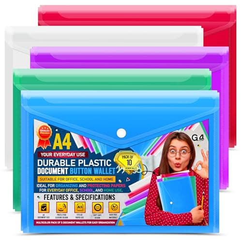 Image of 10 A4 / Foolscap Bright Transparent Popper Wallet/Paper Wallets - Assorted Colours