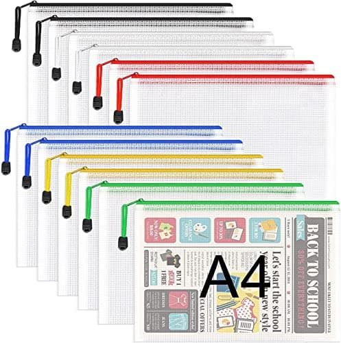 Image of A4 Plastic Zip Folders - 12 PCS Zipper File Bags Mesh Zip Lock Document Wallet Holder Travel Storage Pouch for Office Supplies and Travel Accessories, Waterproof, A4 Size