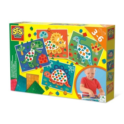 Image of SES Creative 14641 - I Learn to Make Dino Mosaics, 4 Large Dino Cards with Metallic Stickers, Complete Set for Children