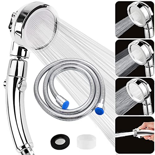 Image of Shower Head and Hose 2m, High Pressure Shower Heads with Stop Button, Universal Handheld Shower with 3 Spray Modes, Water Saving Shower Head 360° Rotating for Adults Children Pets Home, Chrome