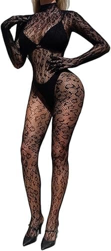 Image of Bommi Fairy Leopard Lace Jumpsuits for Women Bodycon See Through Rave Outfits for Ladies Night Club One Piece Bodysuit (Black)
