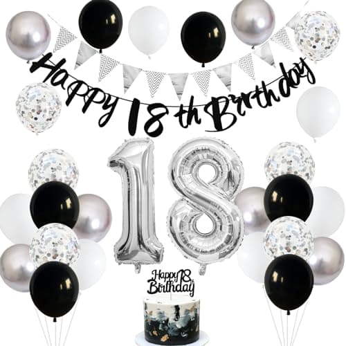 Image of 18th Birthday Decorations for Boys Girls, Black Happy 18th Banner with Black Silver White 18 Balloons Number Foil Balloonfor 18 Year Old Birthday Party Decoration