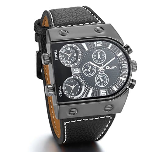 Image of JewelryWe Mens Oversize 3 Time Zone Military Sport Leather Quartz Watch, Black