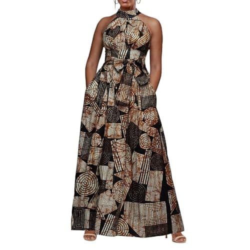 Image of VERWIN Floor Length Lace-Up High Waist Stand Collar Sleeveless Women's Maxi Dress Print Dress Brown XXL