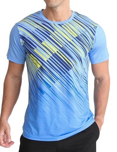 Image of APTRO Men’s T-Shirts Gym T Shirts for Men Moisture Wicking Athletic Breathable Running Tops Quick Dry Short Sleeve T-Shirt Yellow and Blue Stripes L
