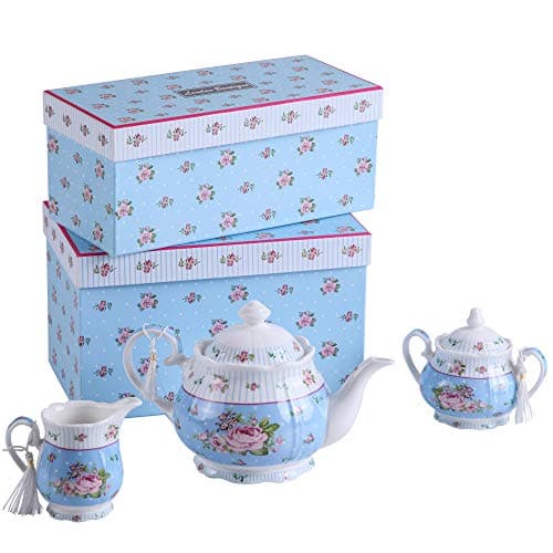 Image of Porcelain Teapot Sets Teapot Sugar Bowl and Cream Milk Jug Shabby Chic Vintage Floral in Gift Box (Blue)