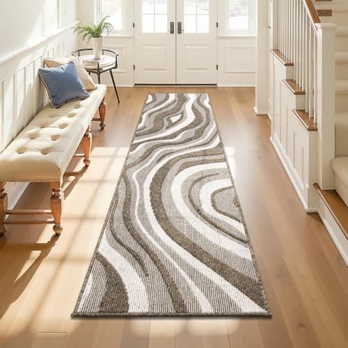 Image of Homodeco Hallway Runner Rug 60 x 240 - Non Slip Abstract Washable Runner Rug with Rubber Backing, Modern Carpet Runner for Kitchen, Entryway, Bedroom, Living Room, Brown Beige & Ivory