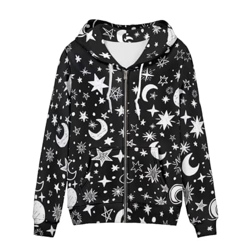 Image of TOFRIMADE Zip Up Hoodie Women Oversize Hooded Sweatshirt, Causal Pullover Cardigan Drawstring Hoodies with Pockets, Moon Stars, Large