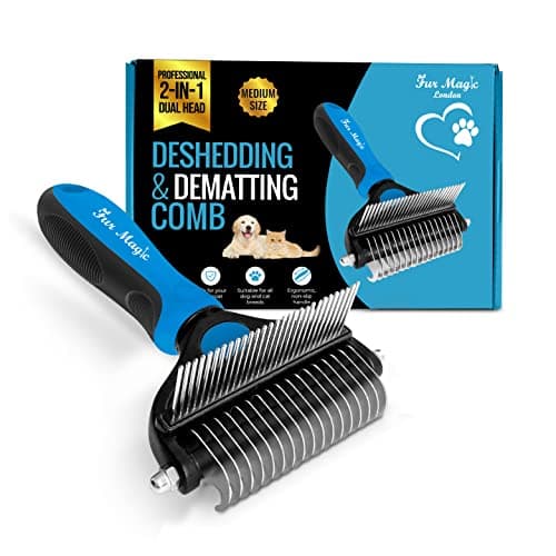Image of Fur Magic Deshedding and Dematting Comb Double Sided Undercoat Rake Pet Grooming Brush Removing Mats, Knots & Tangles for Dogs and Cats with Long and Medium Hair, Blue