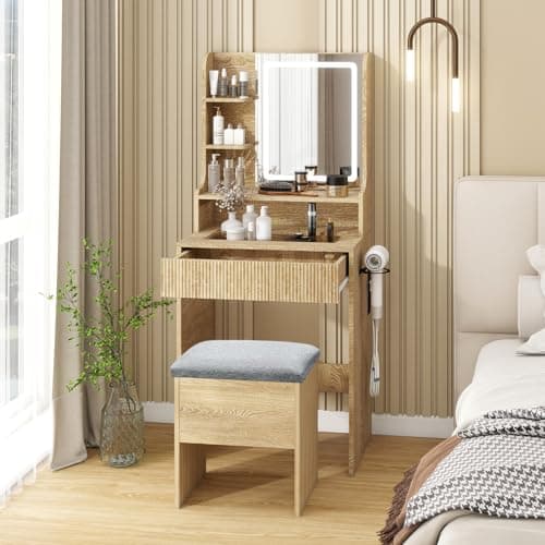 Image of YOURLITE Dressing Table with LED Lights, 3 Light Colors, Adjustable Brightness, Vanity Desk with Mirror and Drawers, Makeup Desk with Cushioned Storage Stool Charging Station for Bedroom