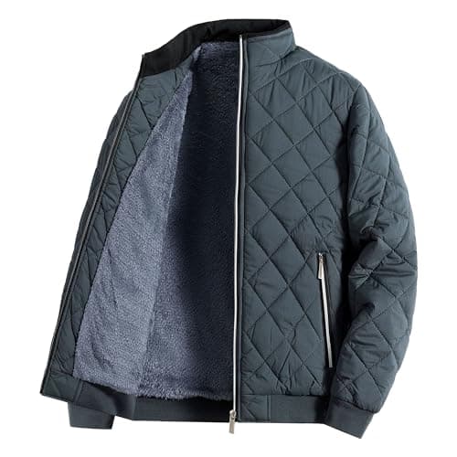 Image of Tiwate Men's Thermal Diamond Bomber Jackets Full Zip Fleece-Lined Insulated Quilted Jacket Winter Warm Padded Cotton Coat (Grey,XXL)