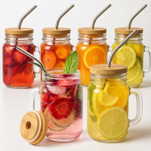 Image of OAMCEG 6 Pack 480ml Mason Jar Glasses with Handle - Reusable 16oz Drinking Cups with Lid and Straw for Iced Coffee, Juice, Smoothies Vintage Glass Tumbler Mugs Perfect for Home, Picnic, Gifts
