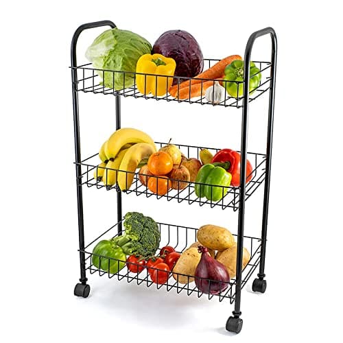 Image of Vivo Technologies 3 Tier Fruit Vegetable Trolley Basket Rack Kitchen Storage with Wheels, Storage Rack with Organizer Baskets for Fruits, Vegetables, books, tools Storage, Black