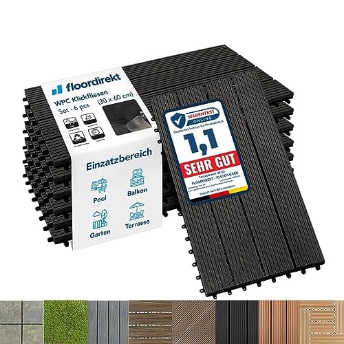 Image of Floordirekt WPC Decking Tiles (6 Tiles, 1m² - 60 x 30 cm) Interlocking Composite Decking Boards, Waterproof Non-slip Flooring Outdoor Tiles for Garden, Patio, Balcony - Anthracite