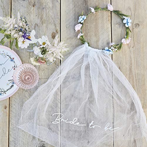 Image of Ginger Ray 'Bride to Be' Hen Party Veil with Floral Crown Accessory