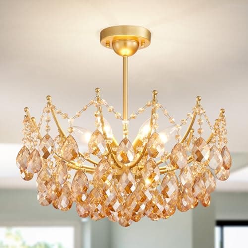 Image of WUZUPS Crystal Chandelier 6-Light Pendant Ceiling Light Modern Lighting Fixture for Bedroom Hallway Bar Kitchen Bathroom, H 48.7 x W 50, E14 Base, Gold