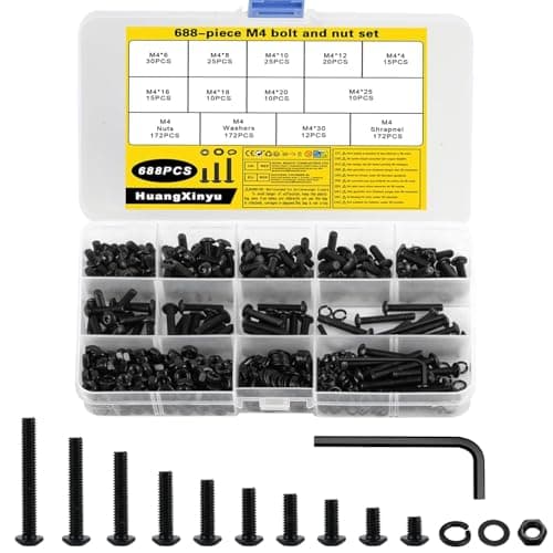 Image of 688 Pcs M4 Bolts Set, M4 Screws Set, Assorted Nuts and Bolts Set, Black Round Head Hex Socket Button Head Machine Screws with Nuts Flat Washers & Spring Washers