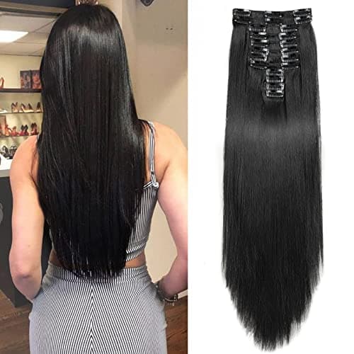 Image of 22 Inch Long Straight Clip in Hair Extensions 180 Grams 12PCS Clip in Synthetic Fiber Hair Extensions Natural Black Full Head Double Weft Hairpieces for Women