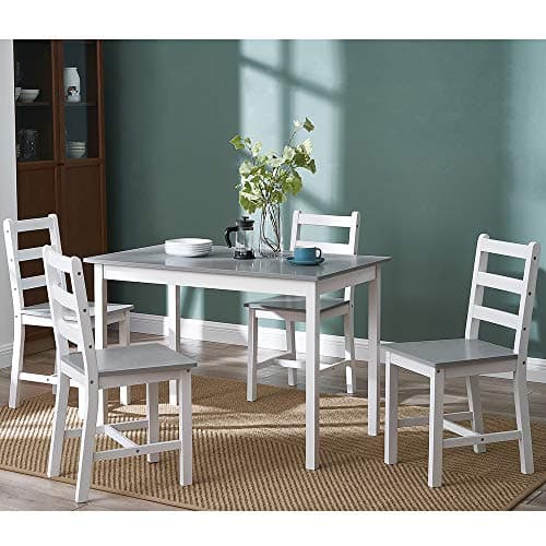 Image of Panana Pine Wood Dining Table and 4 Chairs Set, 5-Piece Home Kitchen Furniture Set (Grey White)