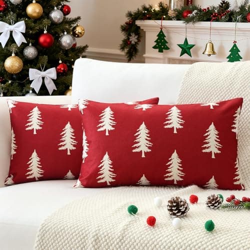 Image of JOTOM Christmas Cushion Covers 30x50 cm Set of 2 Christmas Tree Decorative Double Sided Printed Throw Pillow Covers 12x20 Inch Sofa Winter Holiday Cushion Cases for Home Couch Bed Decor (Red)