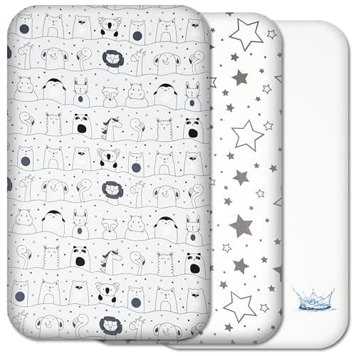 Image of Next to Me Crib Sheets - 3pc Crib Fitted Sheet Set - 2 Fitted Cotton Sheets and 1 Waterproof Mattress Protector for Bedside Cribs - 100% Organic Cotton - Made in Europe (Grey Animals&Stars, 83x50cm)